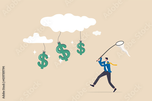 Cloud investment, new technology using cloud computing stock rising up and gain more profit in new normal economic concept, businessman investor catching dollar money sign falling from cloud.