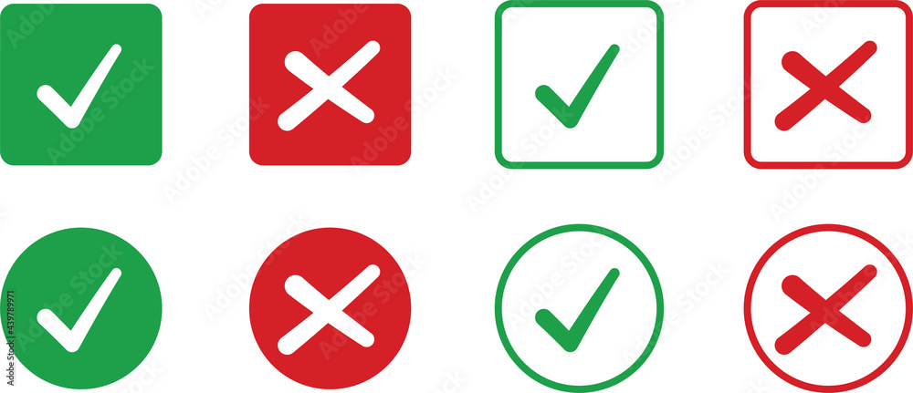 Green tick symbol and red cross sign in circle. Green tick symbol and red cross sign in box. check and uncheck icon set.