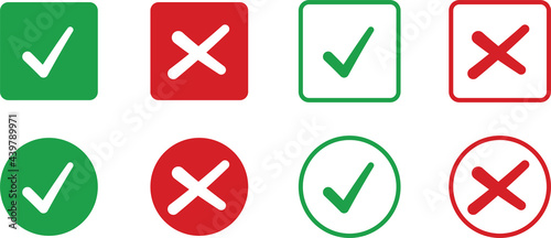 Green tick symbol and red cross sign in circle. Green tick symbol and red cross sign in box. check and uncheck icon set.