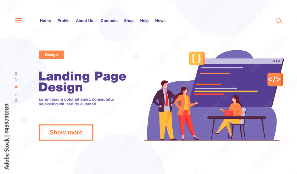 Naklejka premium Programmers coding new program. Laptop, code, development flat vector illustration. Programming and digital technology concept for banner, website design or landing web page