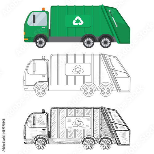 garbage truck flat style, sketch, isolated, vector