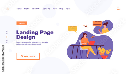 Female friends chatting online and smiling. Laptop, computer, social media flat vector illustration. Communication and network concept for banner, website design or landing web page