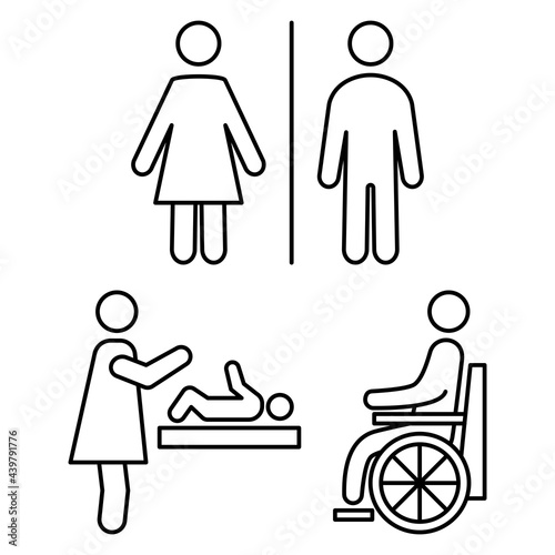 Restroom icons. Man, woman, wheelchair person symbol and baby changing. Male, Female, Handicap toilet sign. WC line icons. Editable stroke