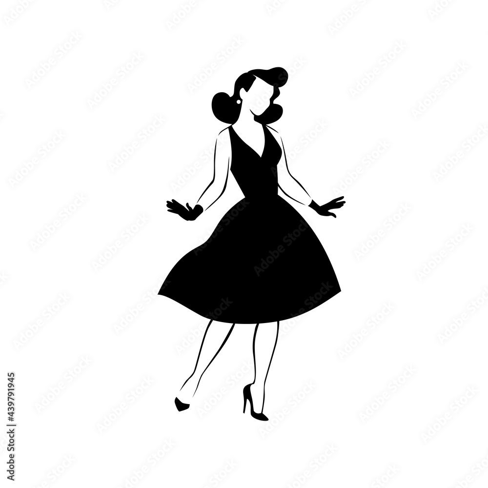 Beautiful young lady portrait isolated. Awesome model in stylish dress black hand drawn silhouette. Vector flat illustration. For emblem, tag, logo, banner etc. Beautiful young lady portrait isolated. Awesome model in stylish dress black hand drawn silhouette. Vector flat illustration. For emblem, tag, logo, banner etc.