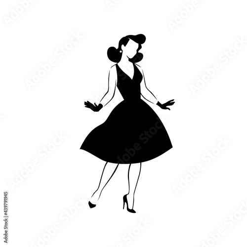 Beautiful young lady portrait isolated. Awesome model in stylish dress black hand drawn silhouette. Vector flat illustration. For emblem, tag, logo, banner etc.