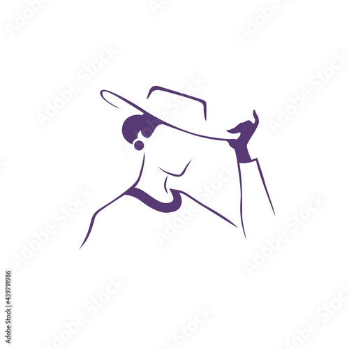 Beautiful young lady in hat portrait isolated. Awesome model head hand drawn silhouette. Vector flat illustration. For emblem, tag, logo, banner etc.