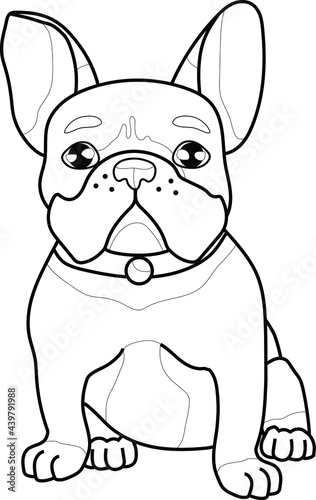 Cute realistic french bulldog sketch template. Cartoon graphic vector illustration in black and white for games, background, pattern, decor. Coloring paper, page, story book. Print for fabrics
