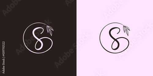 signature letter S isolated circle with leaves ahead. luxury vector monogram for cosmetic, restaurant, boutique, hotel logo concept vector photo