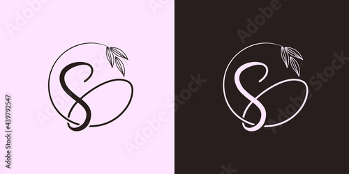 signature letter S isolated circle with leaves ahead. luxury vector monogram for cosmetic, restaurant, boutique, hotel logo concept vector
