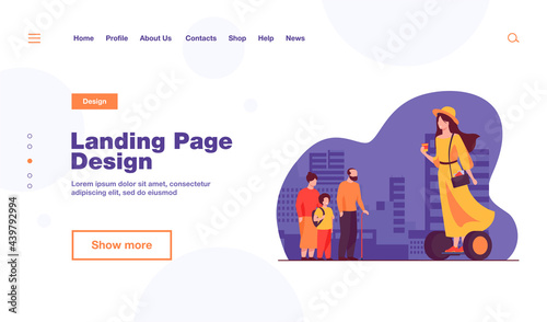 Woman riding hoverboard. Girl holding takeaway coffee cup flat vector illustration. Eco transport, transportation concept for banner, website design or landing web page