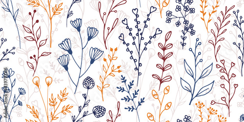 Field flower sprigs hand drawn vector seamless background. Ornate herbal fabr...