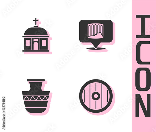 Set Greek shield, Santorini building, Ancient amphorae and column icon. Vector
