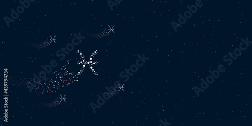 A zodiac pisces symbol filled with dots flies through the stars leaving a trail behind. There are four small symbols around. Vector illustration on dark blue background with stars