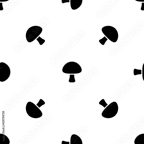 Seamless pattern of repeated black mushroom symbols. Elements are evenly spaced and some are rotated. Vector illustration on white background