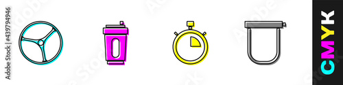 Set Bicycle wheel, Sport bottle with water, Stopwatch and lock icon. Vector