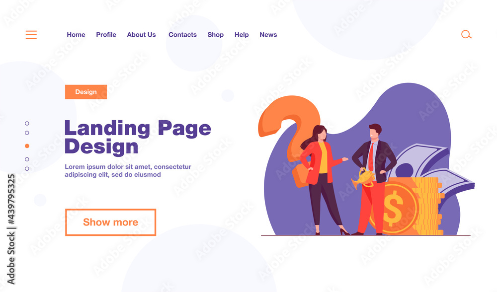 Woman asking man with golden cup about money. Bank, coin, trophy flat vector illustration. Achievement and investment concept for banner, website design or landing web page Woman asking man with golden cup about money. Bank, coin, trophy flat vector illustration. Achievement and investment concept for banner, website design or landing web page