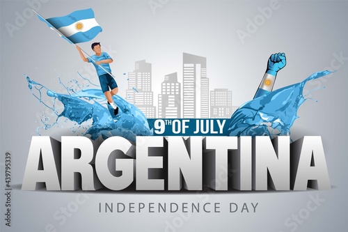 happy independence day Argentina. vector illustration of Argentinean man with flag and 3d letter. poster, banner , template design