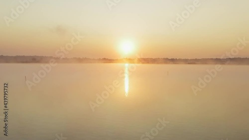 Aerial view of the dawn with fog in the fishponds, Crna Mlaka, Croatia photo