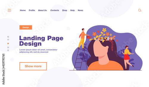 Tiny people and beautiful flower garden inside female head isolated flat vector illustration. Cartoon characters healing mind and soul for happy lifestyle. Mental health and infographics concept