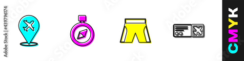 Set Plane, Compass, Short or pants and Airline ticket icon. Vector