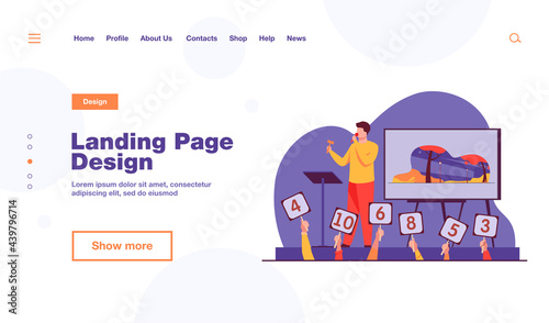 Auctioneer with hammer selling artwork on stage. Buyers holding signs with offers flat vector illustration. Auction, trade, bidding concept for banner, website design or landing web page