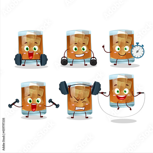 A healthy whiskey cartoon style trying some tools on Fitness center