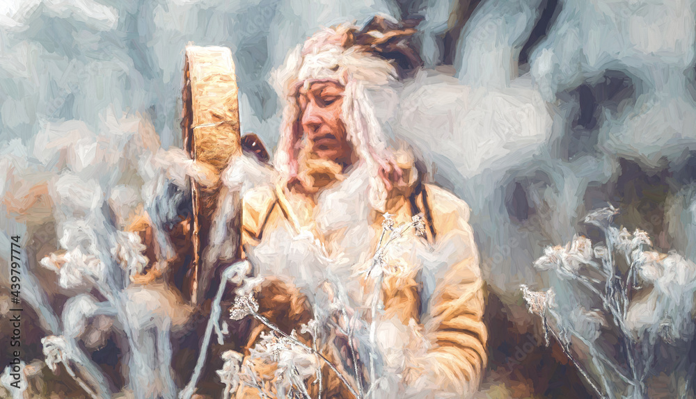 beautiful shamanic girl playing on shaman frame drum in the nature. Painting effect.