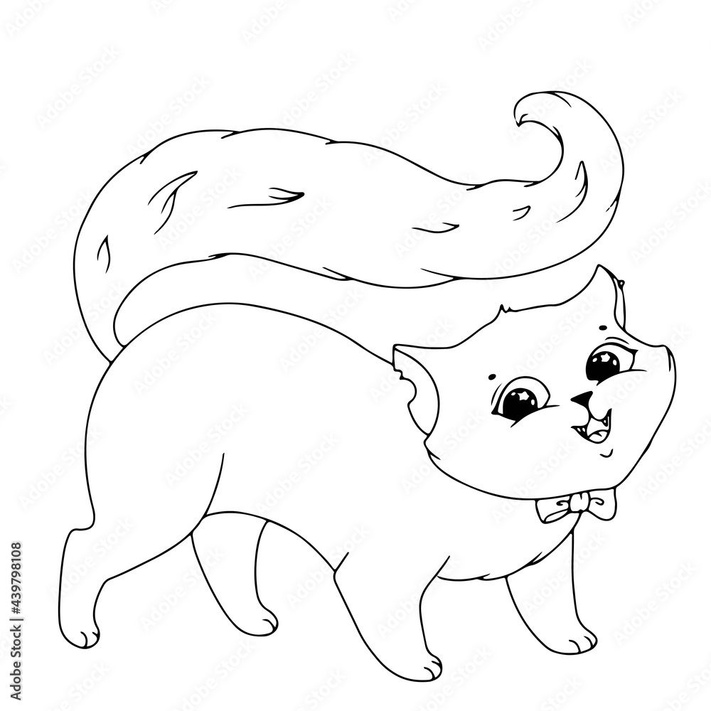 Cute kitten with a bow. Simple drawing coloring book with a cat for Halloween. Vector illustration isolated on white background. Cute kitten with a bow. Simple drawing coloring book with a cat for Halloween. Vector illustration isolated on white background.