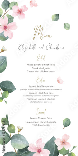 Watercolor vector hand painted wedding menu card template.