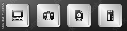 Set Video recorder on laptop, Actor trailer, FLV file document and Cinema ticket icon. Silver square button. Vector