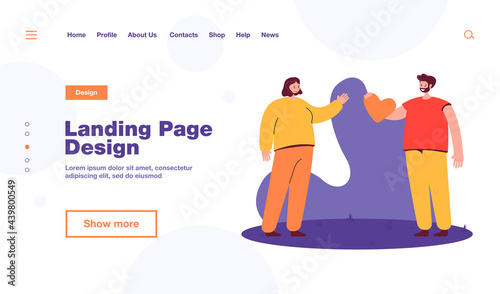 Man giving cartoon heart to woman. Smiling male character confessing feelings flat vector illustration. Love, romance, valentine, relationship concept for banner, website design or landing web page