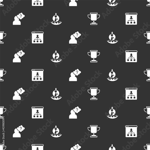 Set Award cup, Online education, Head with question mark and World expansion on seamless pattern. Vector