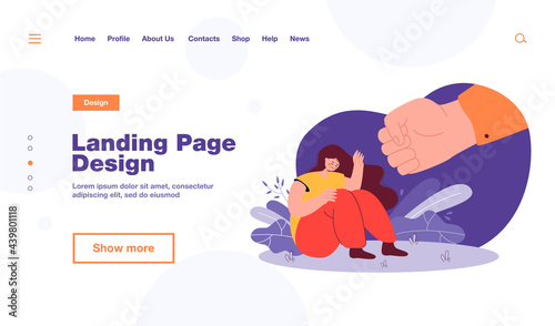 Huge fist threatening sad woman. Man abusing female character flat vector illustration. Domestic violence, family abuse, discrimination concept for banner, website design or landing web page