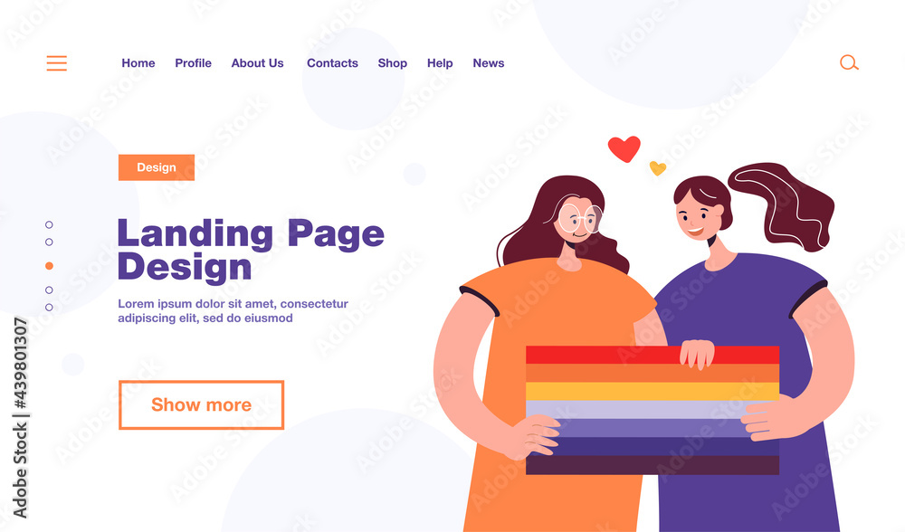 Happy girls holding rainbow flag together. Female couple smiling, supporting LGBT community and movement flat vector illustration. LGBT pride, love concept for banner, website design or landing page
