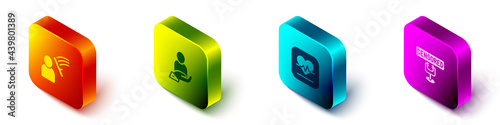Set Isometric Police beat human, Life insurance in hand, Heart rate and Censored stamp icon. Vector