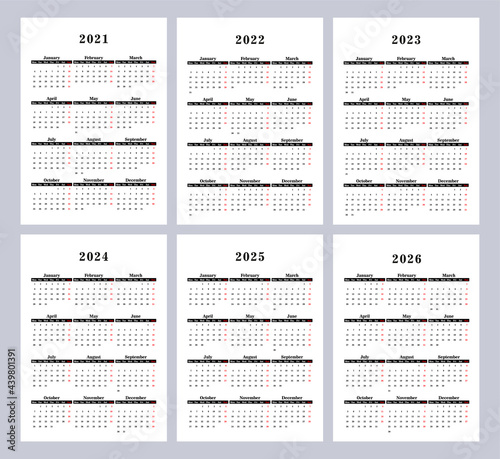 calendar 2021, 2022, 2023, 2024, 2025, 2026, week starts on Monday, basic business template. vector illustration