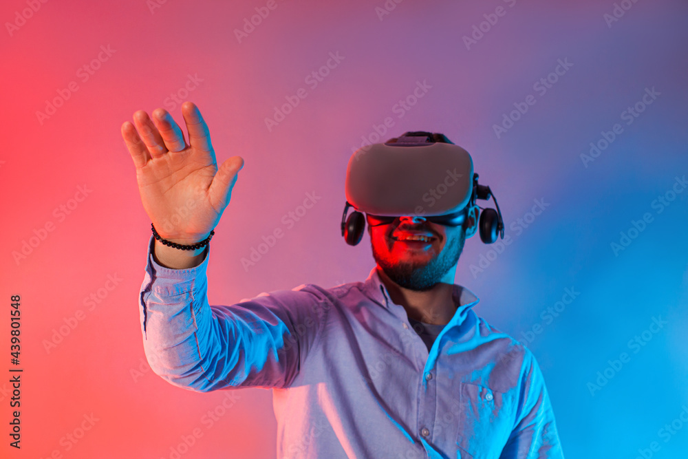 Man connection with abstract web and chains in virtual reality Man connection with abstract web and chains in virtual reality