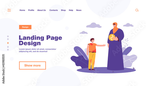 Muslim woman giving alms to messy boy. Female character in traditional Arabic clothes helping child flat vector illustration. Ramadan, celebration, charity concept for banner, website design
