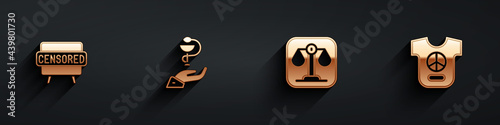 Set Censored stamp, Caduceus snake medical, Scales of justice and Peace icon with long shadow. Vector