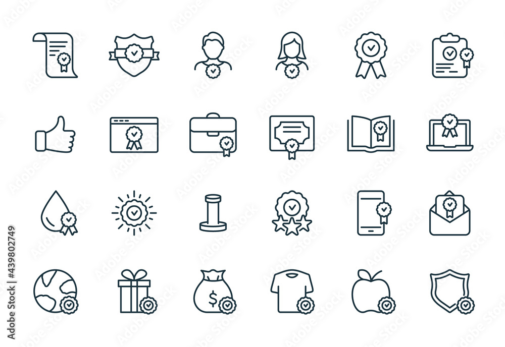 Quality Control and Check Mark Linear Icons Set. Food, Clothes, Water Certification Procedure, Inspection, Certification, Approval, Confirmation Icons. Editable stroke. Vector illustration