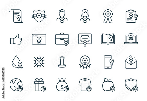Quality Control and Check Mark Linear Icons Set. Food, Clothes, Water Certification Procedure, Inspection, Certification, Approval, Confirmation Icons. Editable stroke. Vector illustration