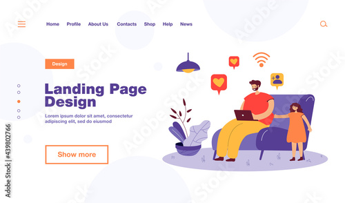 Father surfing internet and ignoring daughter. Man sitting on chair with laptop, sad girl calling dad flat vector illustration. Family, parenting, communication concept for banner, website design