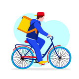 A male courier on a bicycle with a backpack delivers food. Online order home delivery service. For websites, mobile apps, banners, and posters.