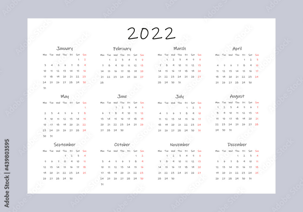 Calendar for 2022, the week starts on Monday, basic business template. vector illustration Calendar for 2022, the week starts on Monday, basic business template. vector illustration