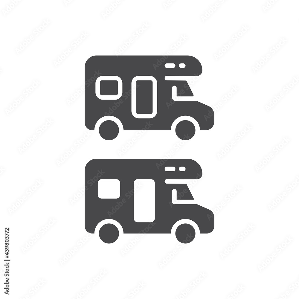 Fototapeta premium Camper van black vector icon. Simple glyph symbol.