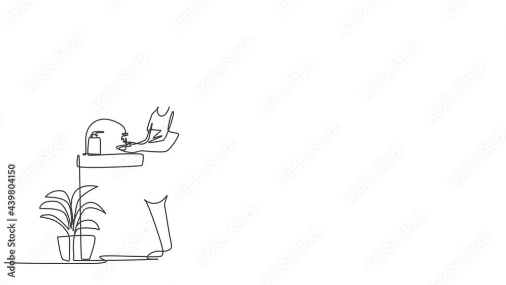 Animated self drawing of single continuous line draw a girl washes her hands in the sink, there is a soap dish by the tap and there is a pot of plants under the sink. Full length one line animation. Animated self drawing of single continuous line draw a girl washes her hands in the sink, there is a soap dish by the tap and there is a pot of plants under the sink. Full length one line animation.
