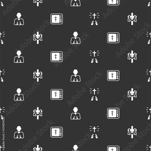 Set Hands in praying position, Christian cross, and Online church pastor preaching on seamless pattern. Vector