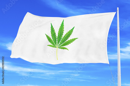 A flag with a picture of a hemp leaf flutters in the wind against a blue sky. Flag with a hemp pattern photo