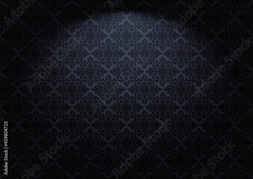 Oriental vintage background with Indo-Persian ornaments. Royal, luxurious black wallpaper with stage lighting. Vector illustration