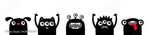 Happy Halloween. Monster set icon line. Cute kawaii cartoon baby character. Funny face head black silhouette. Eyes teeth fang horn tongue. Hands up. Flat design. White background.